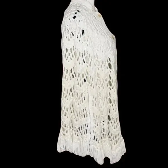 60’s White Cream Crocheted Open Knit Fringe Button Front Vintage Boho Poncho - Picture 3 of 10